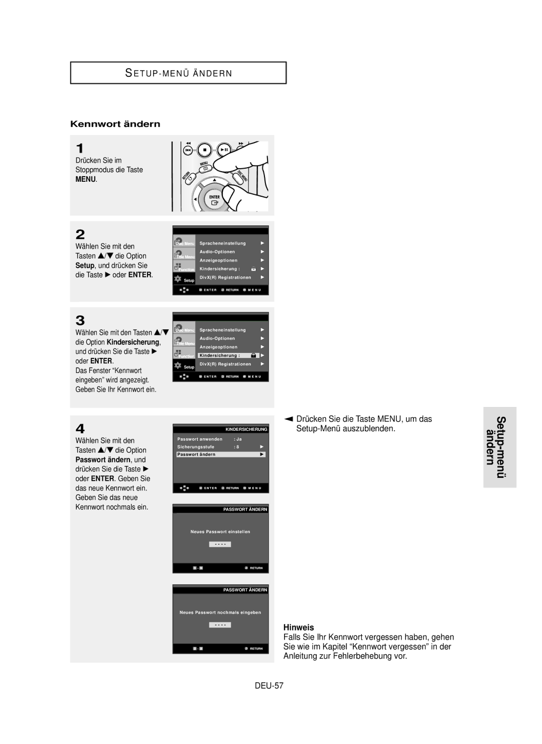 Samsung DVD-P355 manual Kennwort ä ndern, Tasten …/ † die Option, Geben Sie das neue Kennwort nochmals ein 