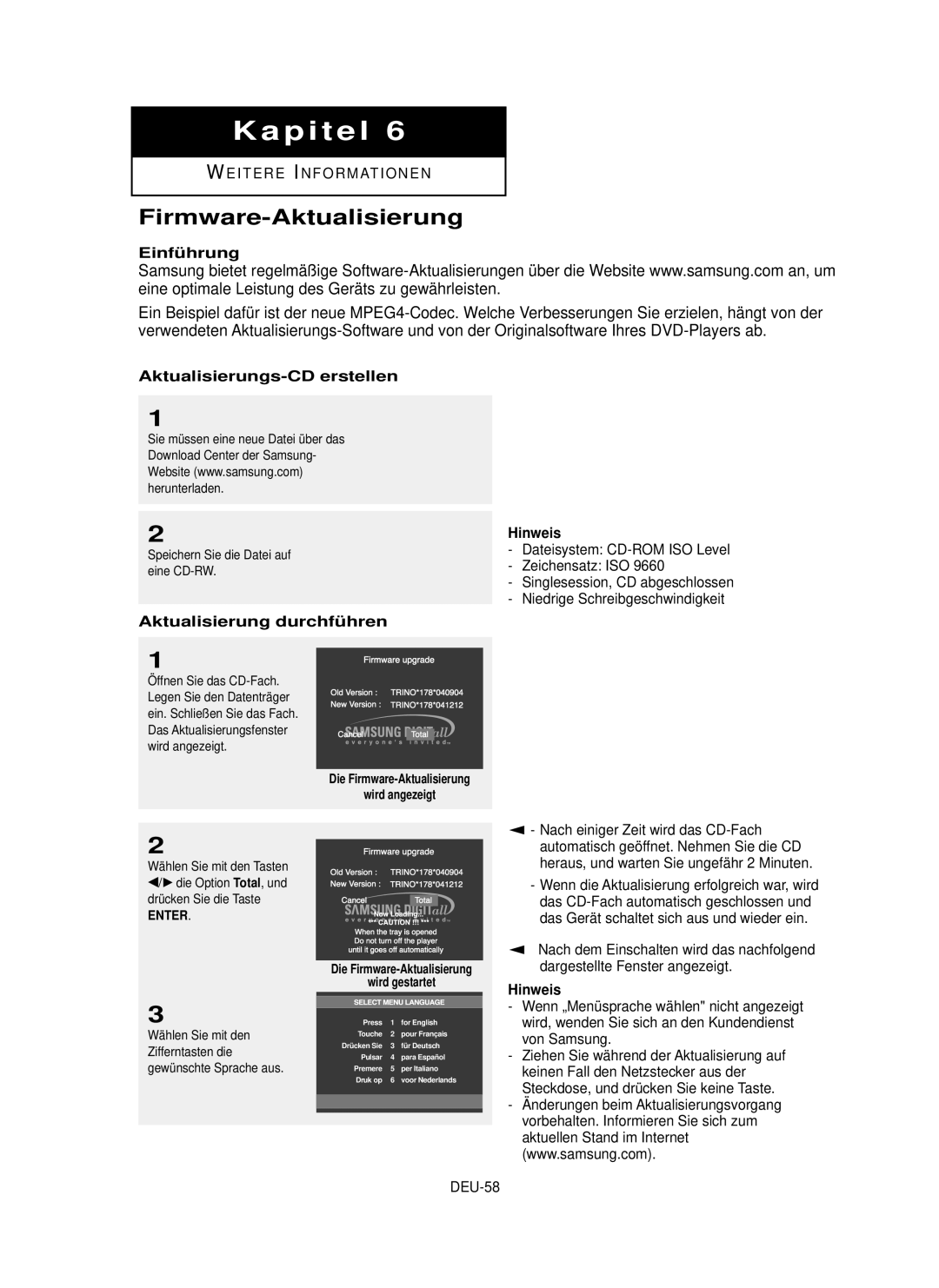 Samsung DVD-P355 manual Firmware-Aktualisierung, Einfü hrung, Aktualisierungs-CD erstellen, Aktualisierung durchfü hren 