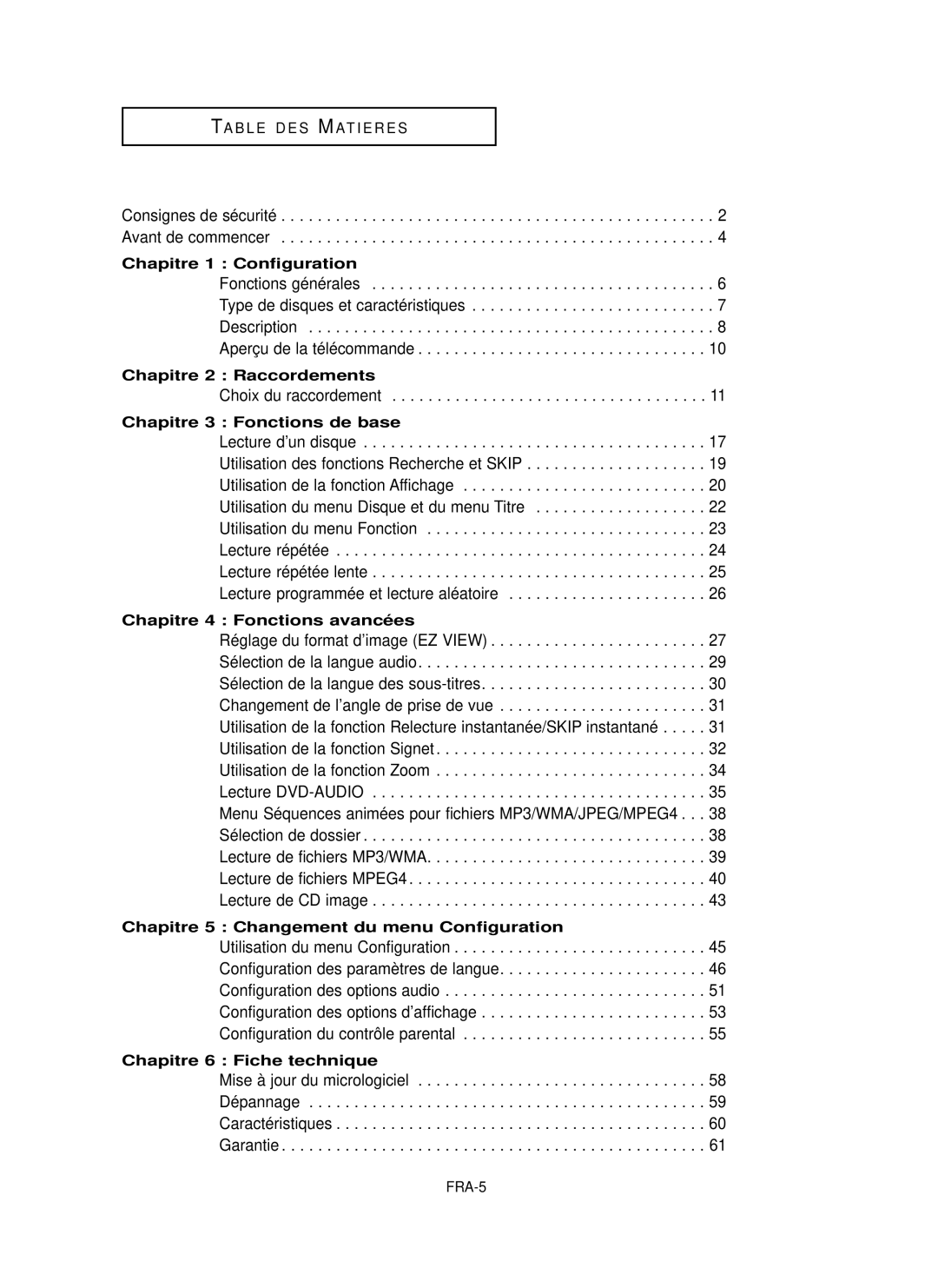 Samsung DVD-P355 manual Chapitre 1 Configuration, Chapitre 2 Raccordements, Chapitre 3 Fonctions de base 