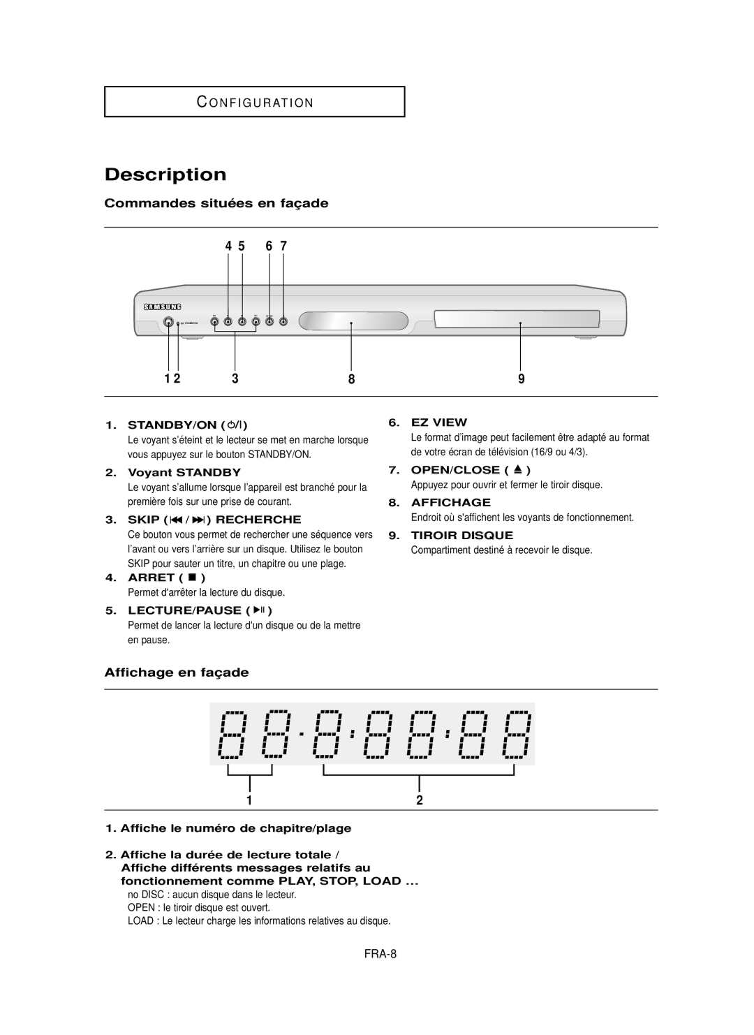 Samsung DVD-P355 manual Commandes situé es en faç ade, Affichage en faç ade, Voyant Standby, Arret 