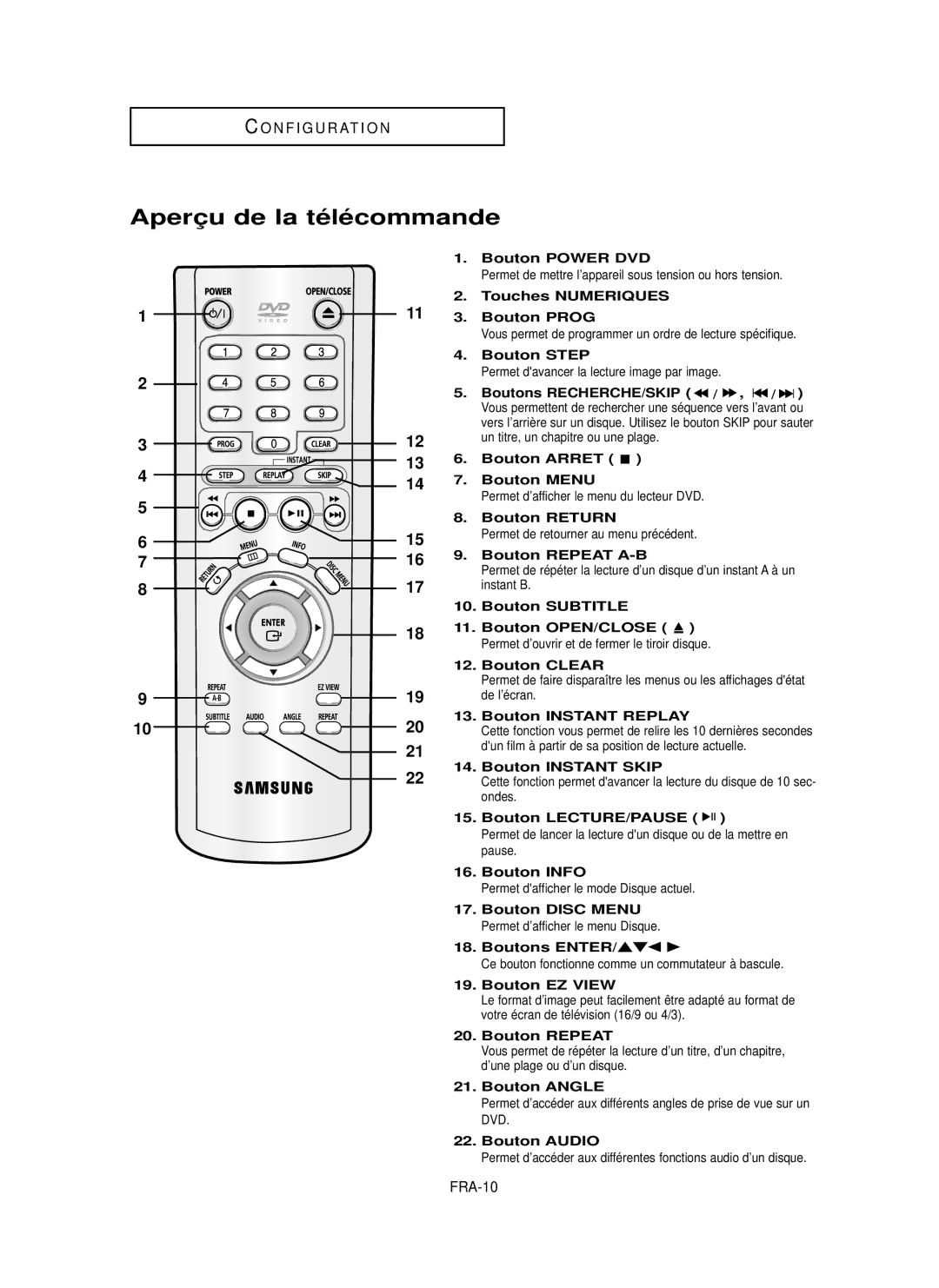 Samsung DVD-P355 manual Aperç u de la té lé commande, FRA-10 