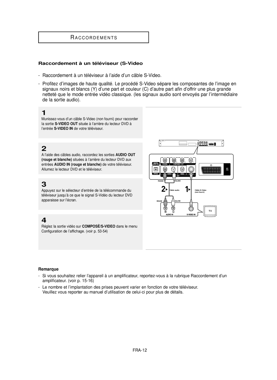 Samsung DVD-P355 manual Raccordement à un téléviseur à l’aide d’un câble S-Video, De la sortie audio, FRA-12 