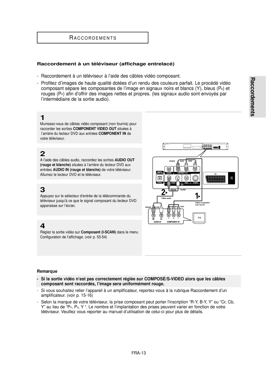 Samsung DVD-P355 manual Rouges P, ’intermédiaire de la sortie audio, Raccordements, FRA-13 