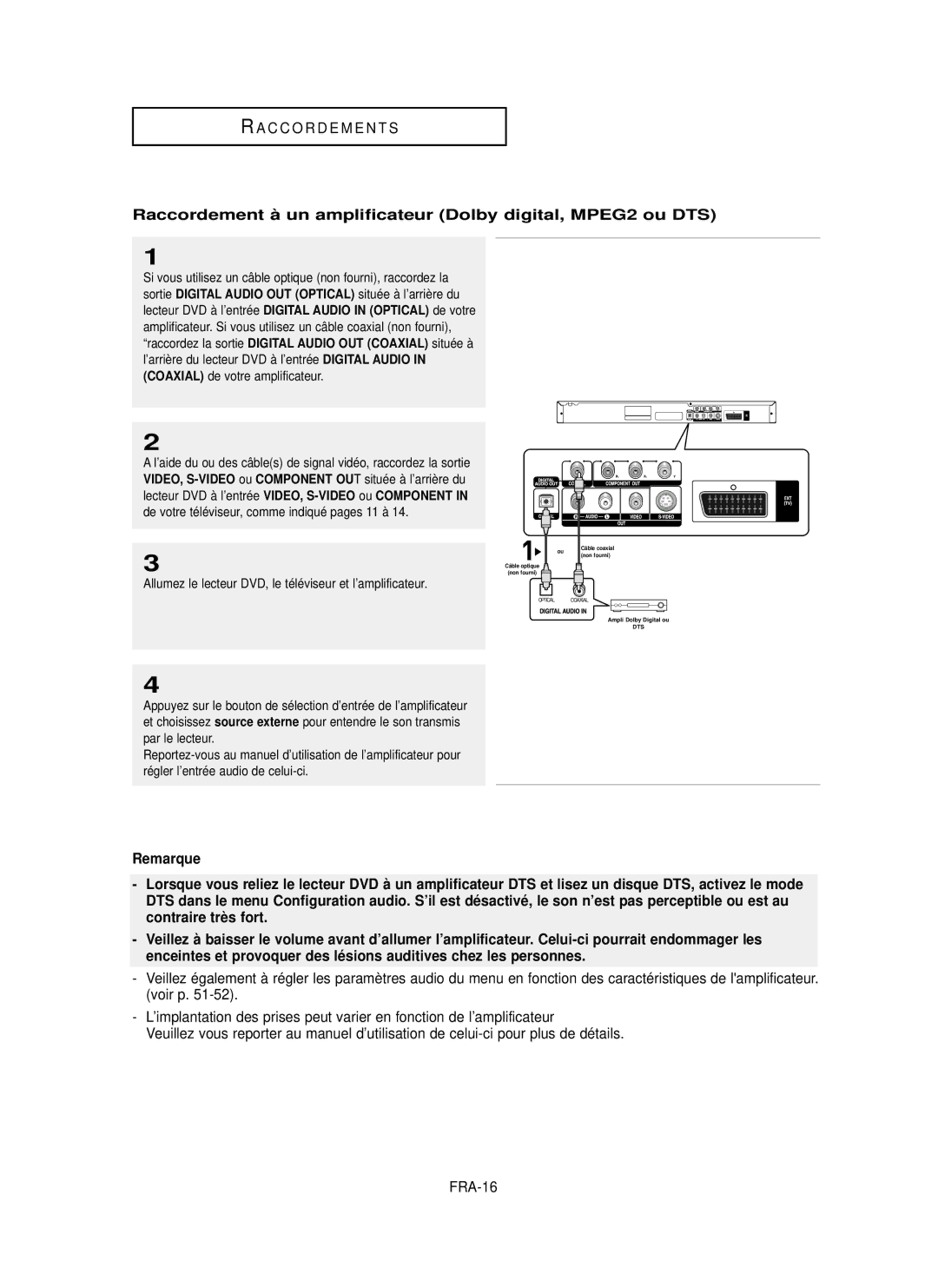 Samsung DVD-P355 manual Raccordement à un amplificateur Dolby digital, MPEG2 ou DTS, Digital Audio 