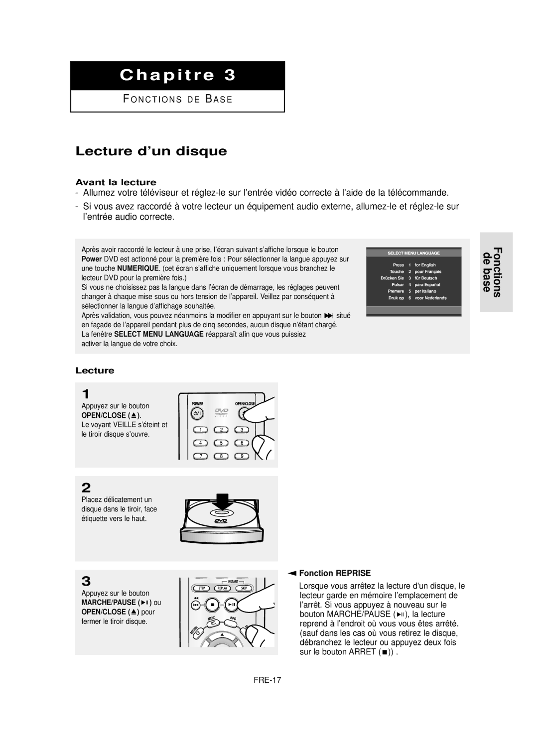 Samsung DVD-P355 manual Lecture d’un disque, Fonctions de base, Avant la lecture, Fonction Reprise 