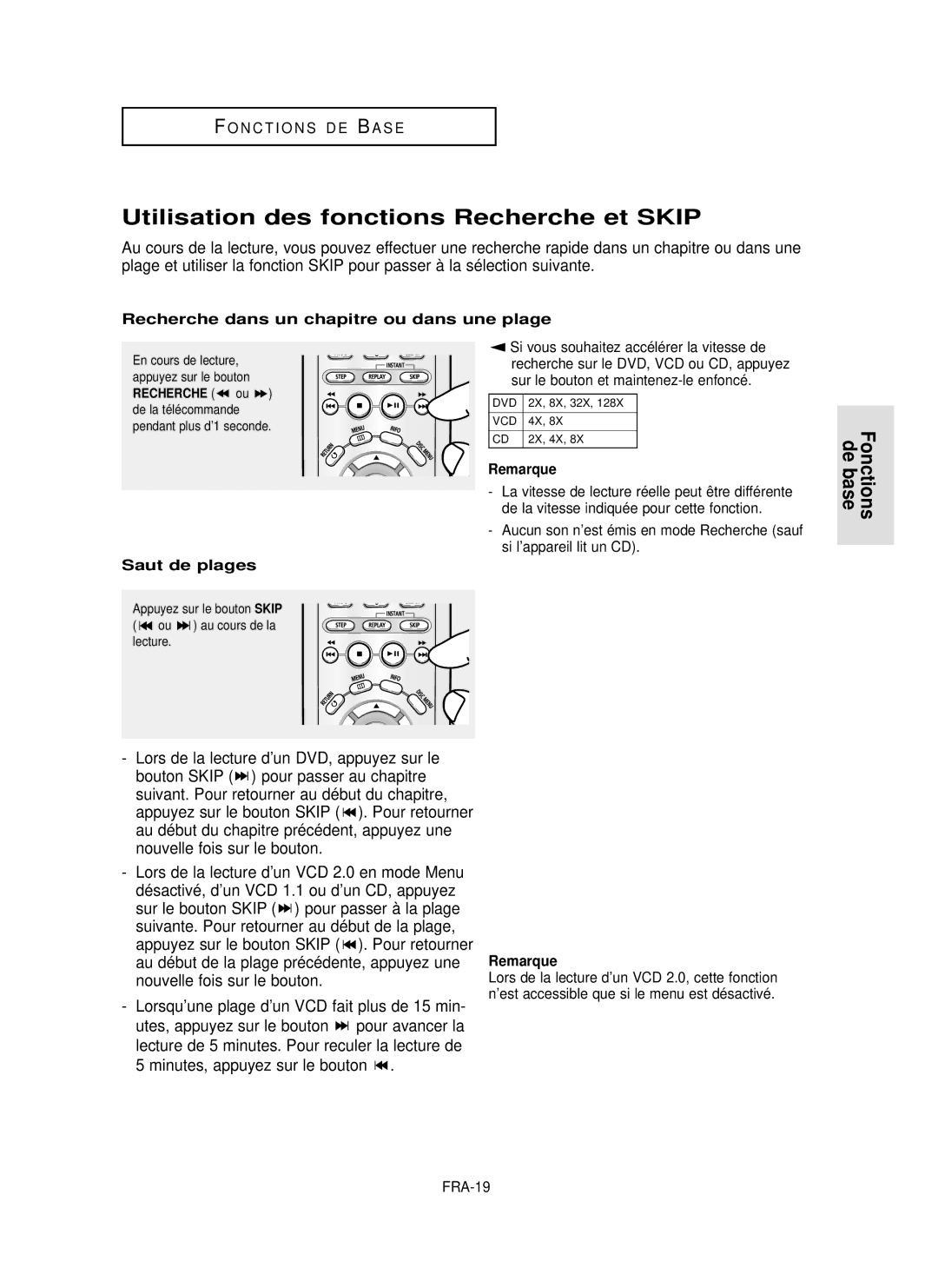 Samsung DVD-P355 manual Utilisation des fonctions Recherche et Skip, Lors de la lecture d’un DVD, appuyez sur le, Pour 