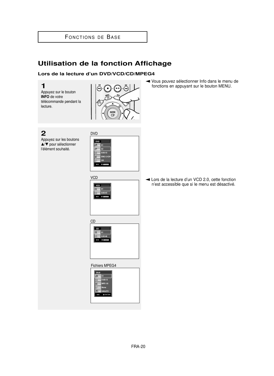 Samsung DVD-P355 Utilisation de la fonction Affichage, Lors de la lecture d’un DVD/VCD/CD/MPEG4, FRA-20, Fichiers MPEG4 