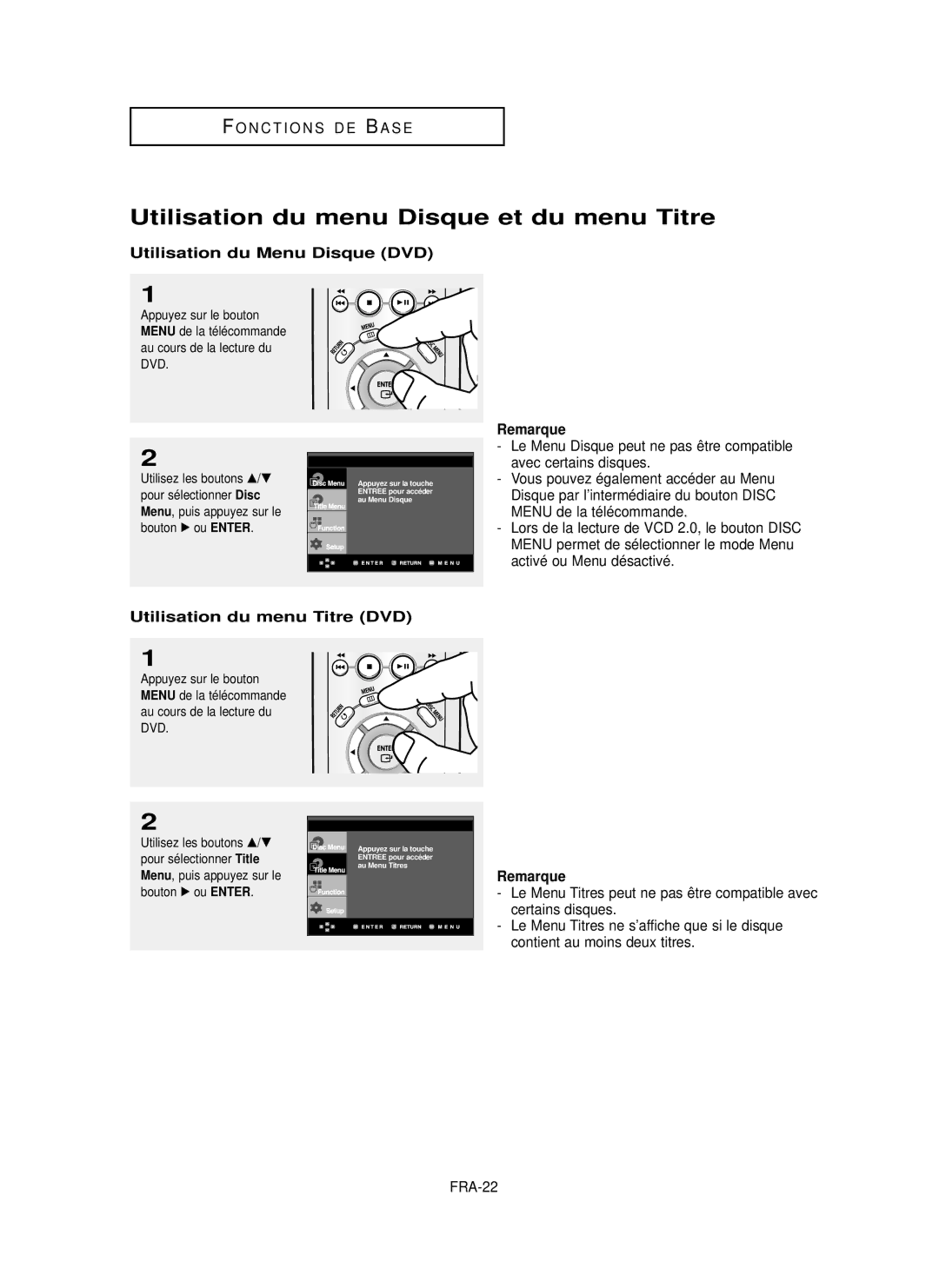 Samsung DVD-P355 manual Utilisation du menu Disque et du menu Titre, Utilisation du Menu Disque DVD, FRA-22 