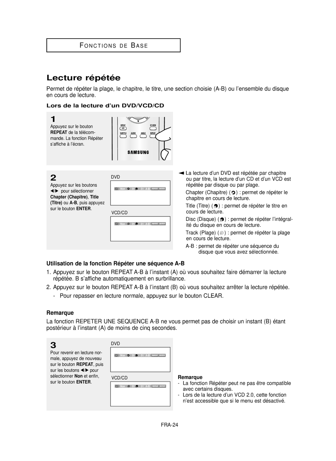 Samsung DVD-P355 manual Lecture ré pé té e, Utilisation de la fonction Ré pé ter une sé quence A-B 