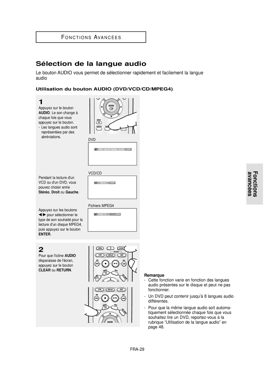 Samsung DVD-P355 Sélection de la langue audio, Fonctions avancées, Utilisation du bouton Audio DVD/VCD/CD/MPEG4, FRA-29 