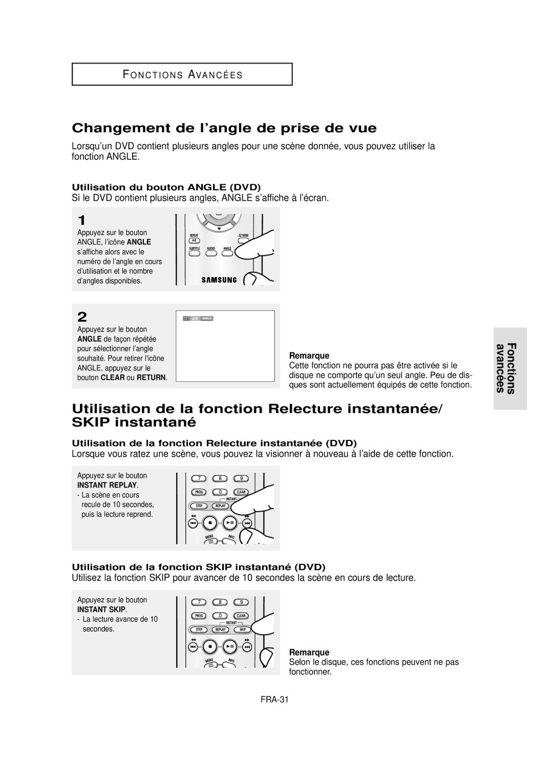 Samsung DVD-P355 manual Changement de l’angle de prise de vue, Utilisation du bouton Angle DVD, Bouton Clear ou Return 