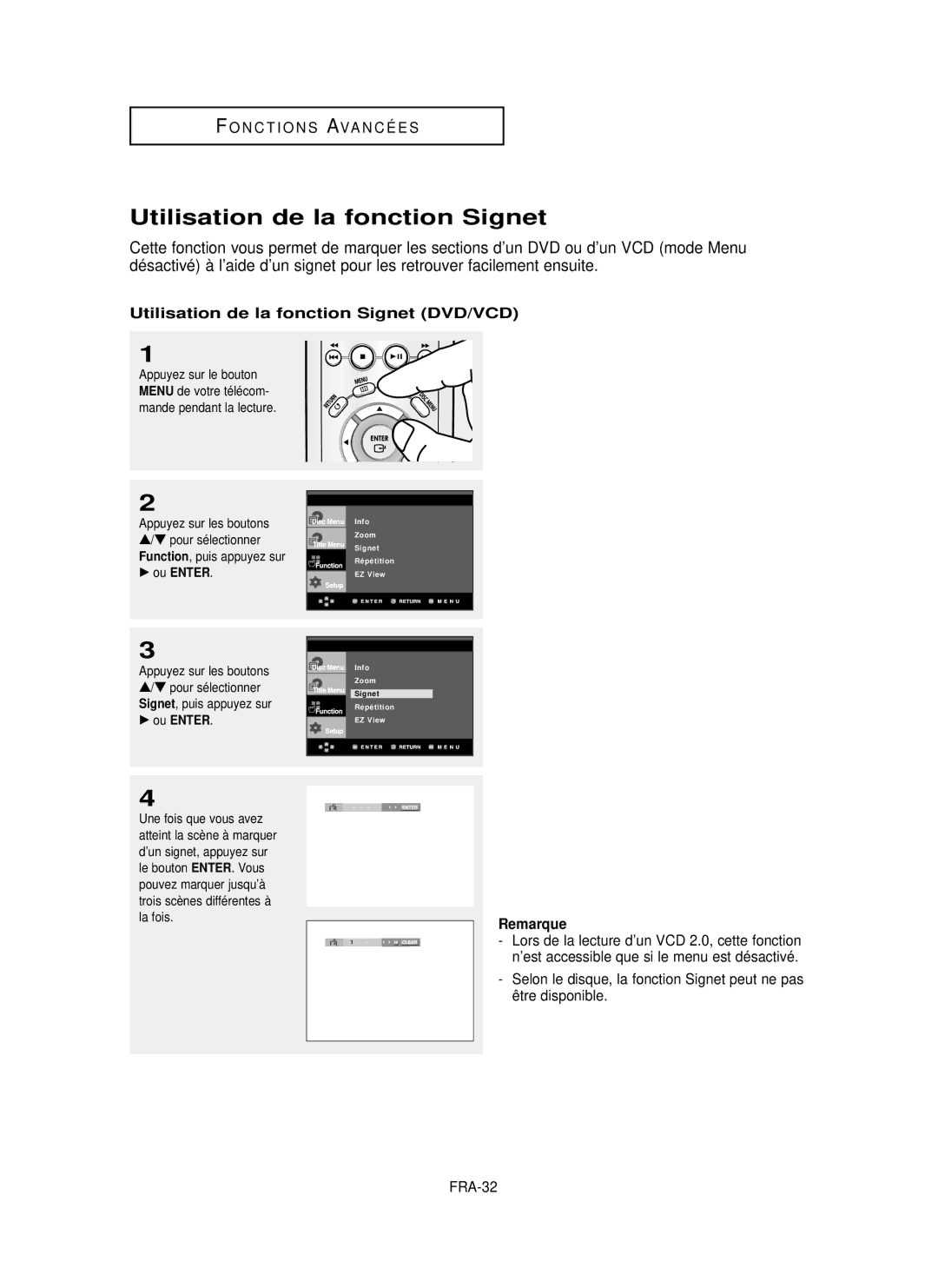 Samsung DVD-P355 manual Utilisation de la fonction Signet DVD/VCD 