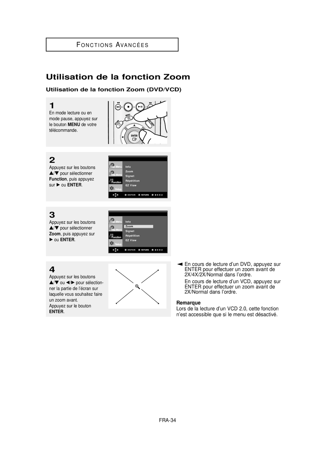 Samsung DVD-P355 manual Utilisation de la fonction Zoom DVD/VCD, 2X/Normal dans l’ordre, FRA-34, √ ou Enter 