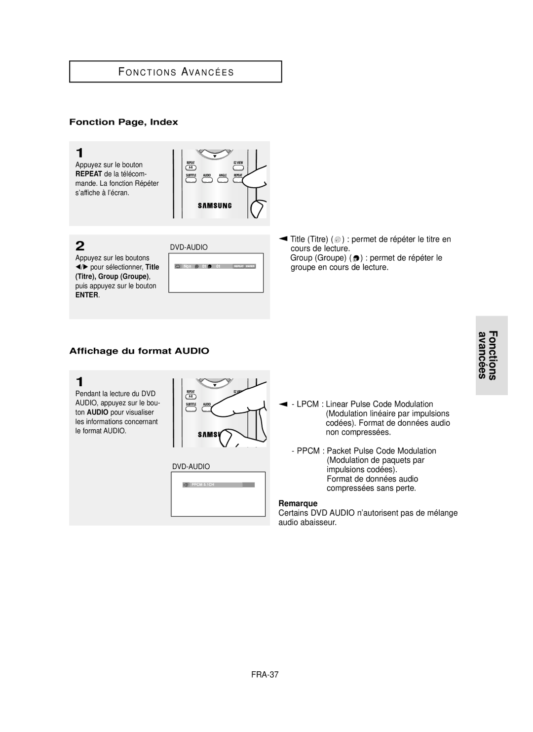 Samsung DVD-P355 manual Affichage du format Audio, Cours de lecture, Groupe en cours de lecture, Non compressées, FRA-37 