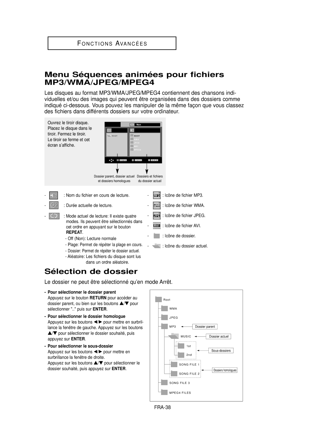 Samsung DVD-P355 manual Menu Sé quences animé es pour fichiers MP3/WMA/JPEG/MPEG4, Sé lection de dossier, FRA-38 