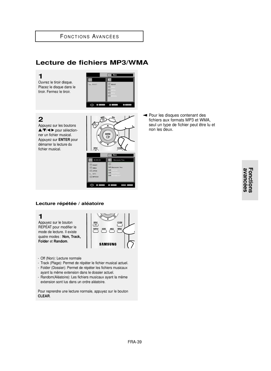 Samsung DVD-P355 manual Lecture de fichiers MP3/WMA, Lecture ré pé té e / alé atoire, Non les deux, FRA-39, Clear 