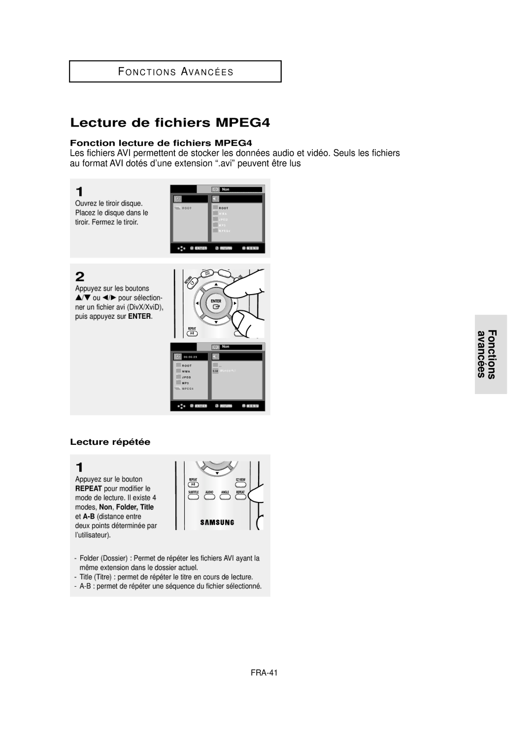 Samsung DVD-P355 manual Lecture de fichiers MPEG4, Fonction lecture de fichiers MPEG4, FRA-41 