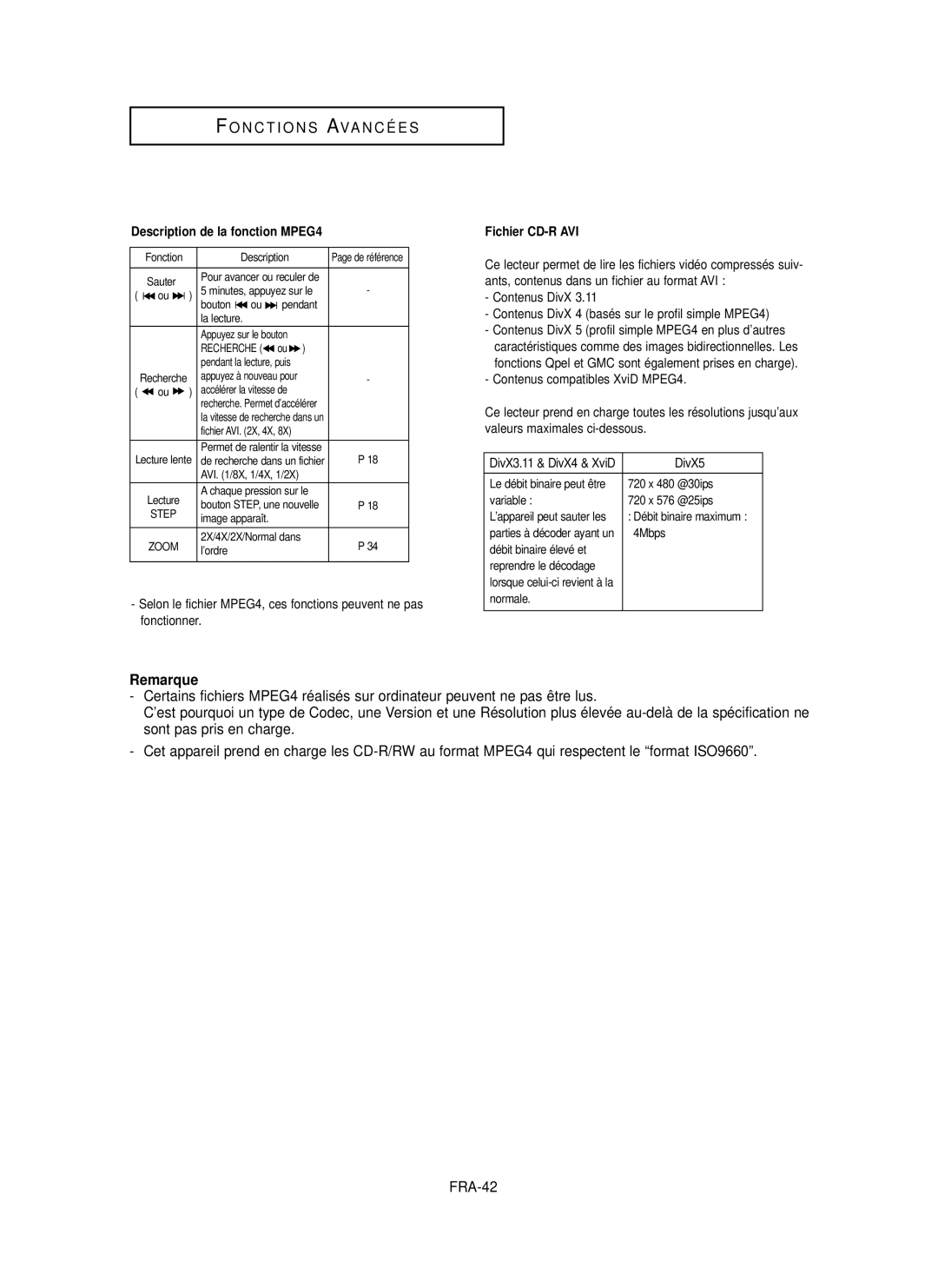 Samsung DVD-P355 manual Description de la fonction MPEG4, Fichier CD-R AVI, Contenus compatibles XviD MPEG4 