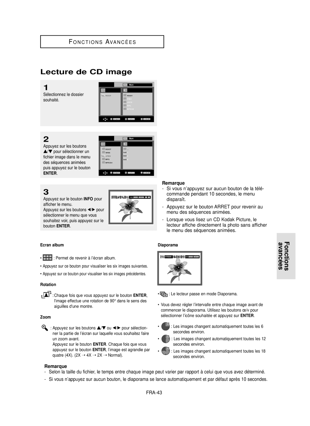 Samsung DVD-P355 manual Lecture de CD image, FRA-43, Ecran album, Diaporama 