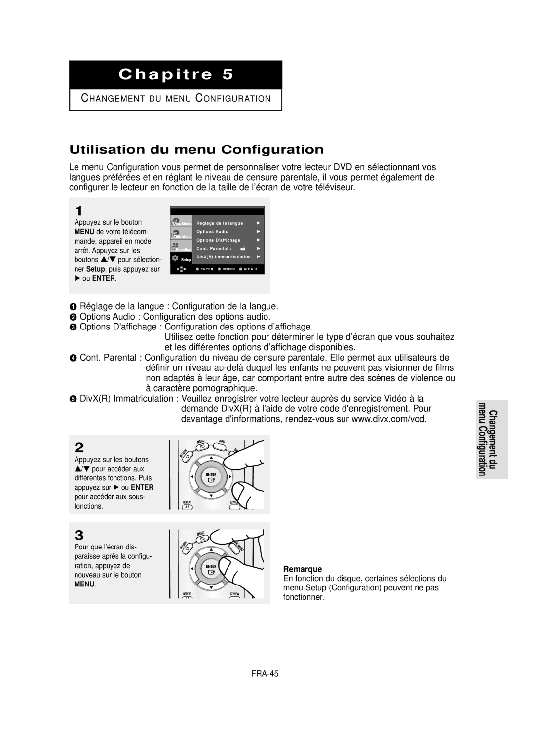 Samsung DVD-P355 manual Utilisation du menu Configuration, Options Daffichage Configuration des options d’affichage, FRA-45 