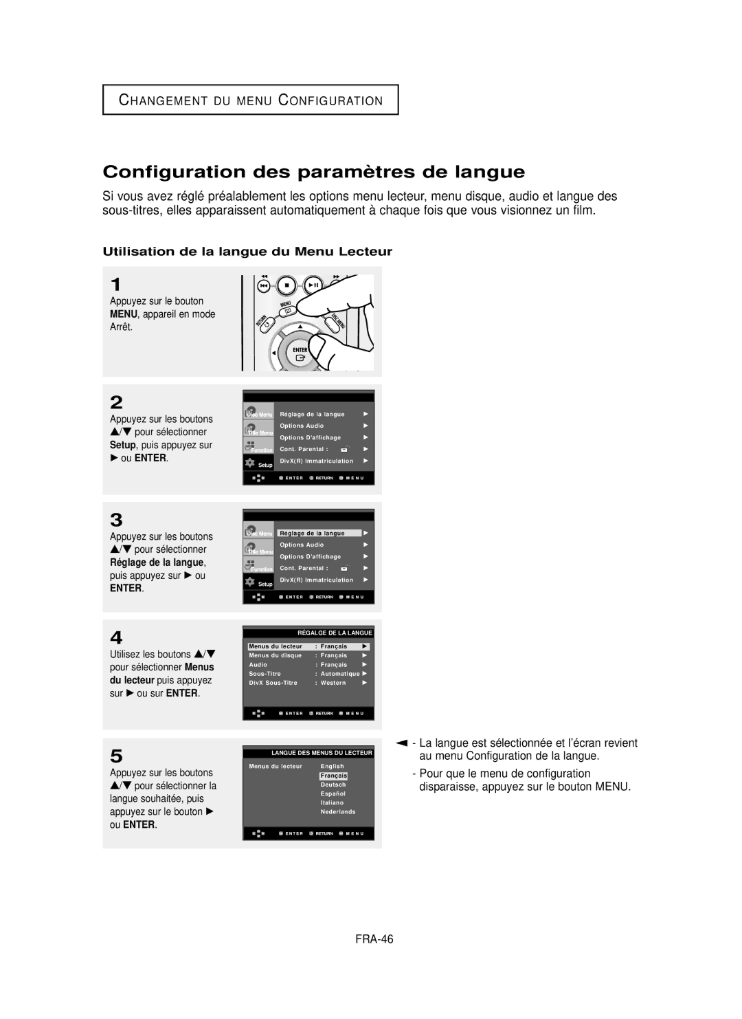 Samsung DVD-P355 Configuration des paramè tres de langue, Utilisation de la langue du Menu Lecteur, Ré glage de la langue 