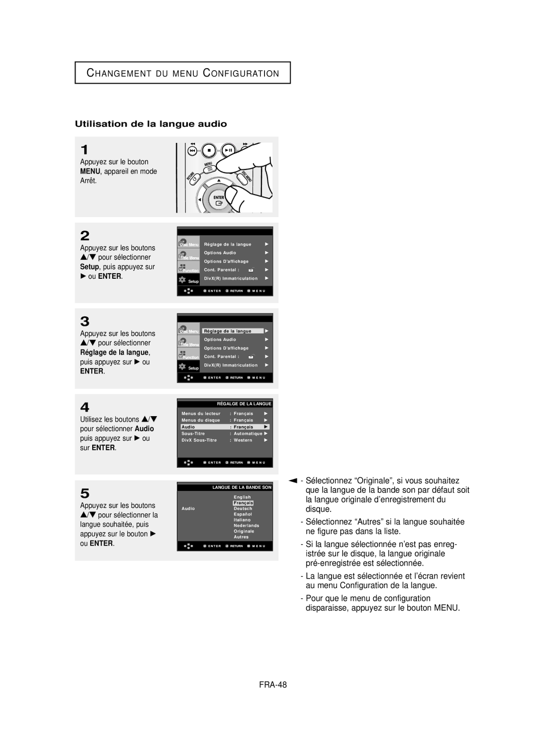 Samsung DVD-P355 manual Utilisation de la langue audio, Disque, Ne figure pas dans la liste, FRA-48, Audio 