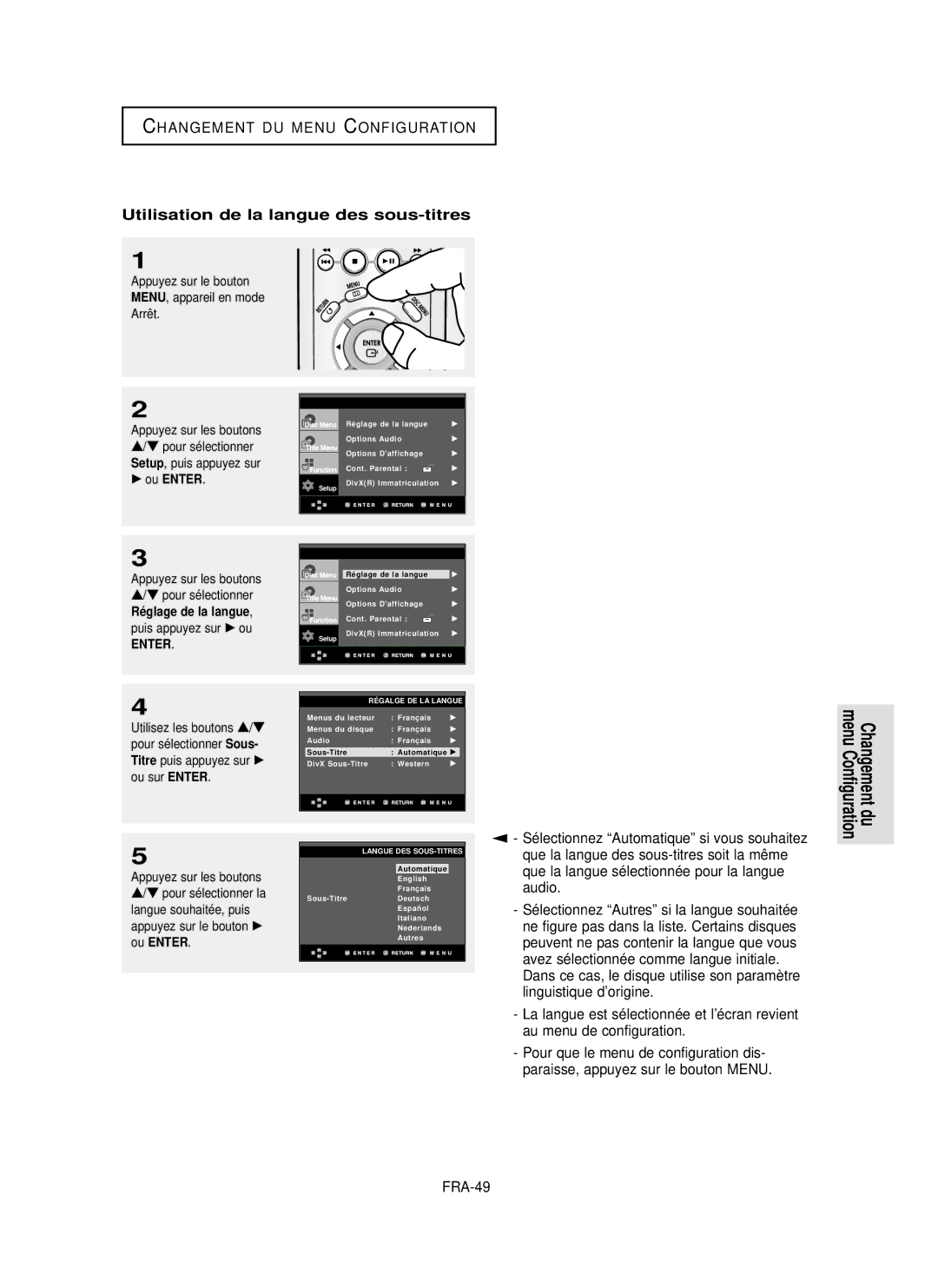 Samsung DVD-P355 Utilisation de la langue des sous-titres, Audio, Linguistique d’origine, Au menu de configuration, FRA-49 