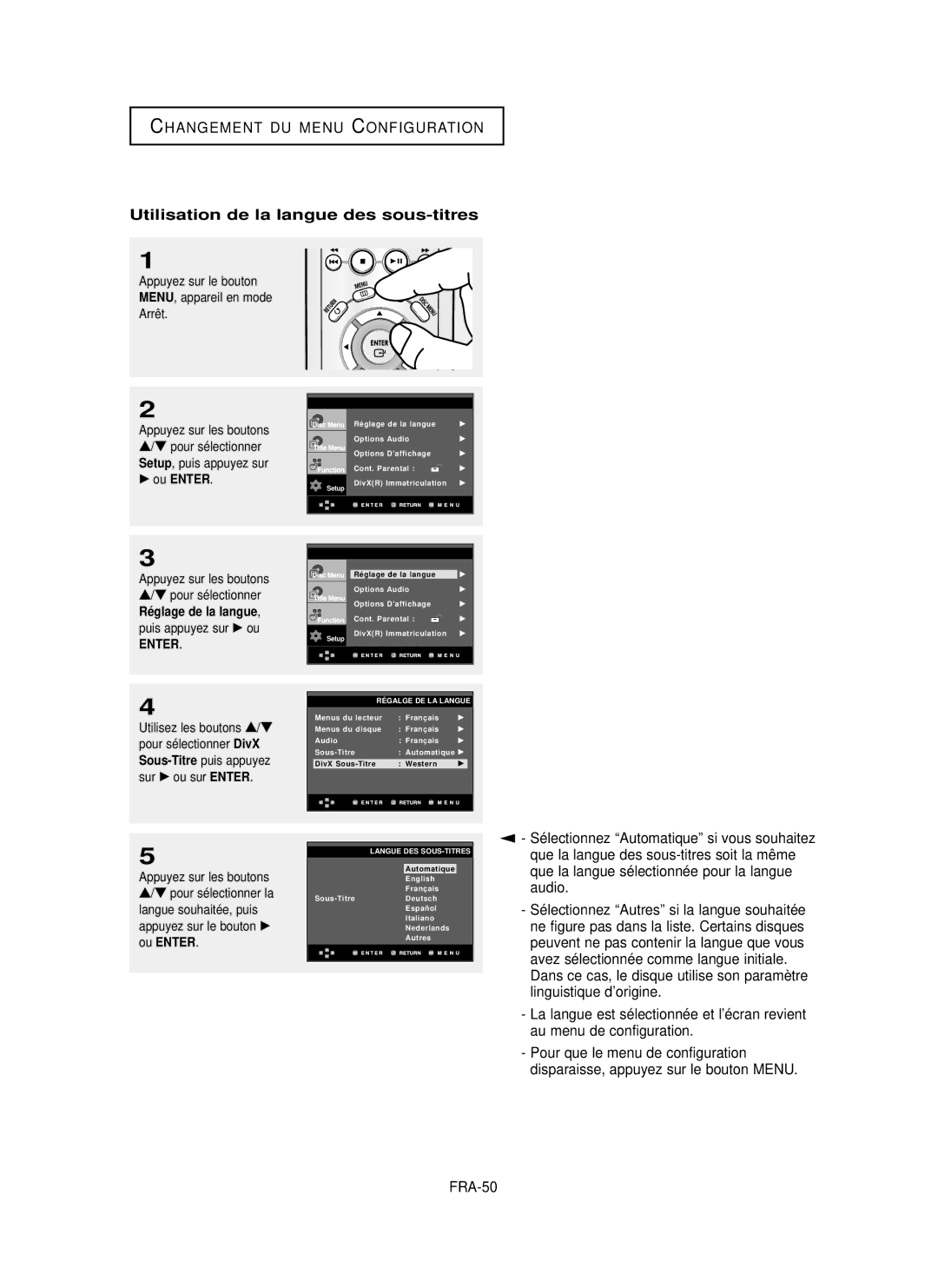 Samsung DVD-P355 manual Sélectionnez Autres si la langue souhaitée, DivX, Sous-Titrepuis appuyez sur √ ou sur Enter 