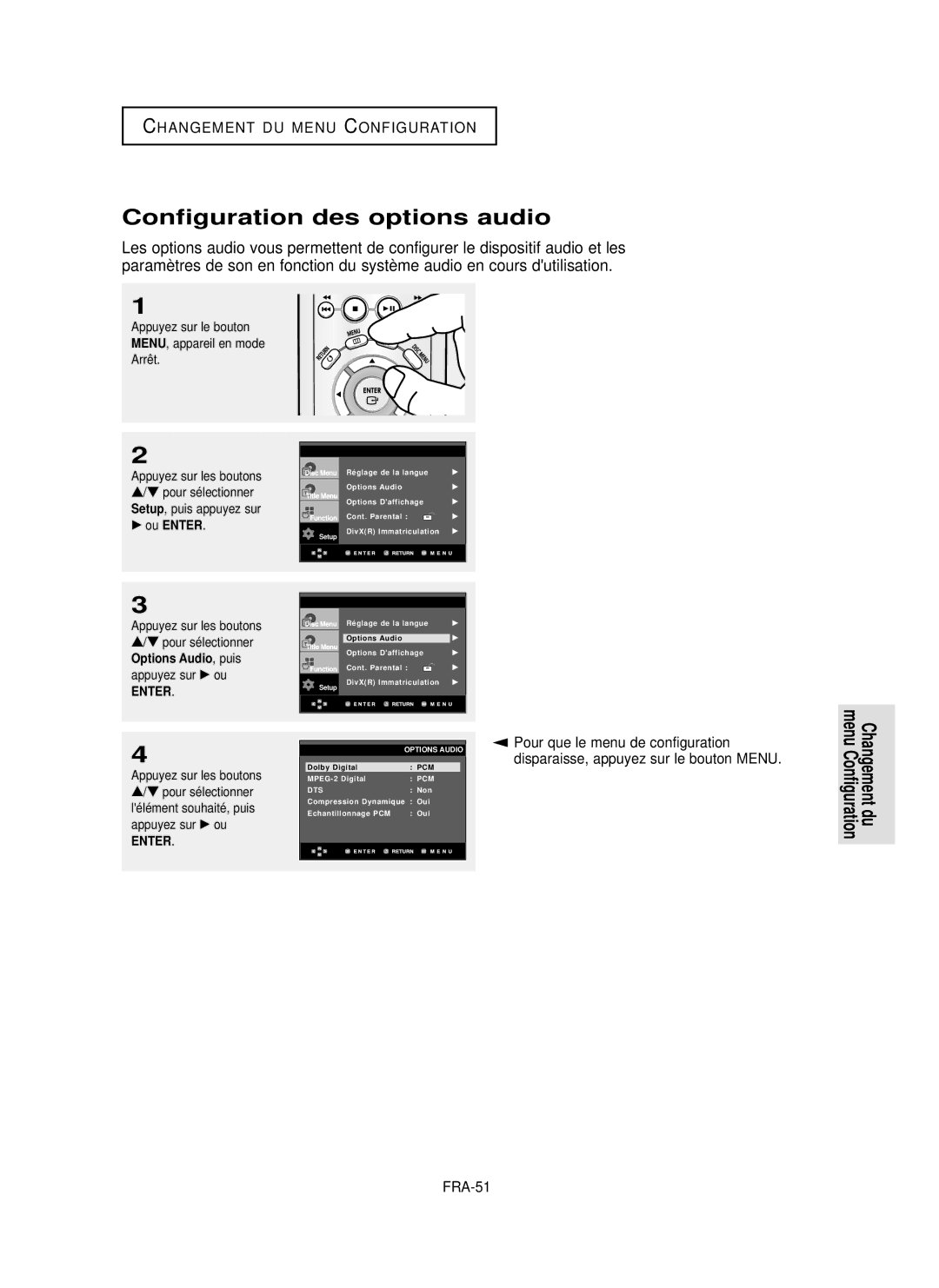 Samsung DVD-P355 manual Configuration des options audio, FRA-51 