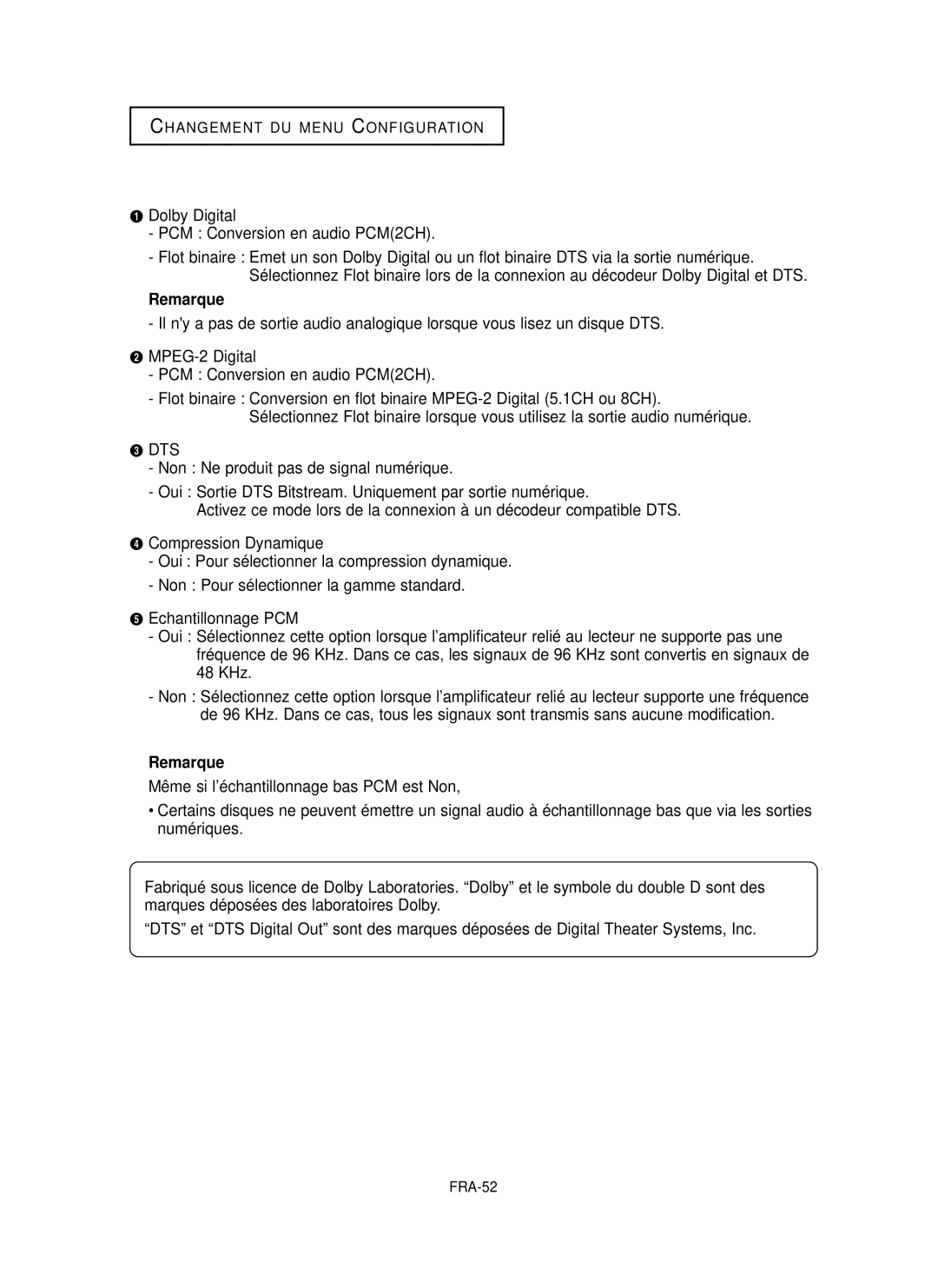 Samsung DVD-P355 manual Dolby Digital PCM Conversion en audio PCM2CH, FRA-52 