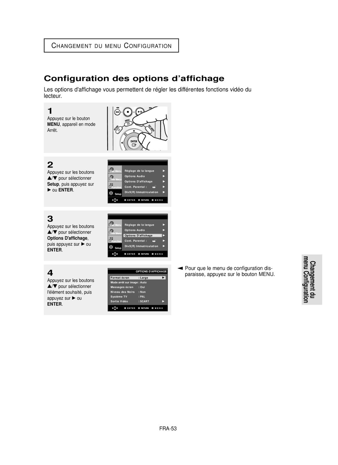 Samsung DVD-P355 manual Configuration des options d’affichage, FRA-53 