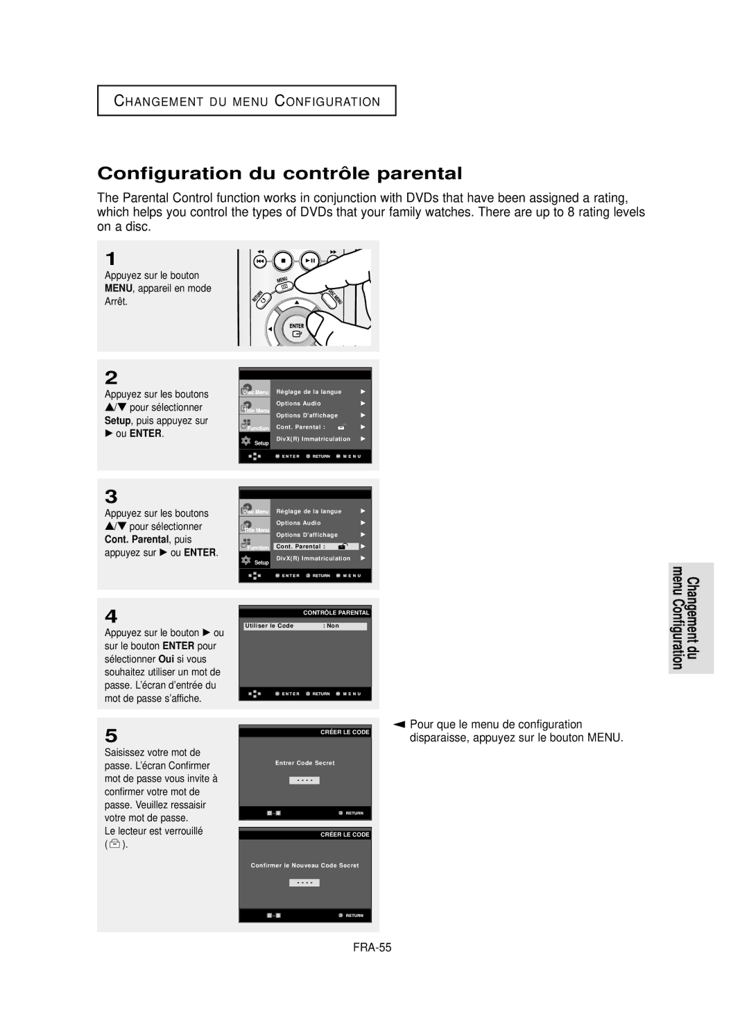 Samsung DVD-P355 manual Configuration du contrô le parental, FRA-55, Le lecteur est verrouillé, Sélectionner 