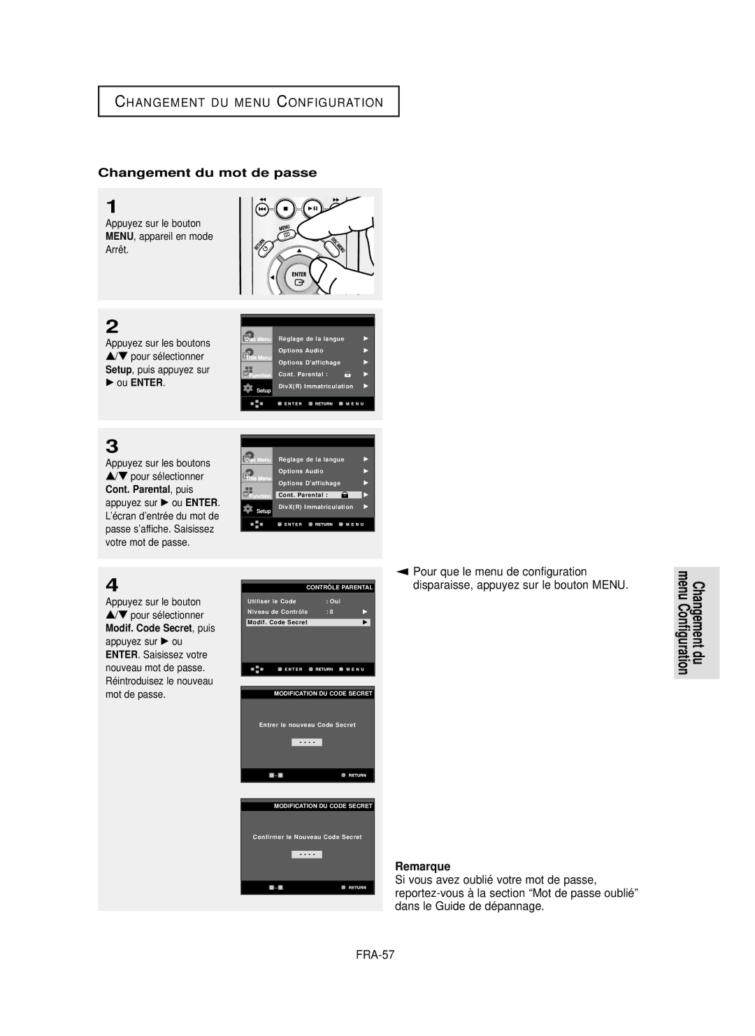 Samsung DVD-P355 manual Changement du mot de passe, FRA-57, Mot de passe 