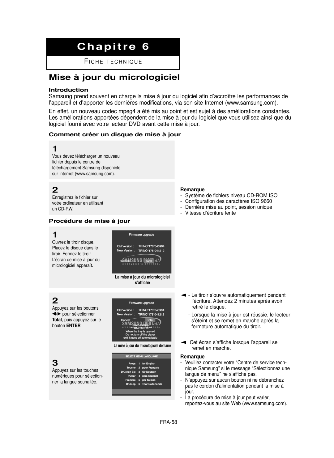 Samsung DVD-P355 Mise à jour du micrologiciel, Comment cré er un disque de mise à jour, Procé dure de mise à jour Remarque 