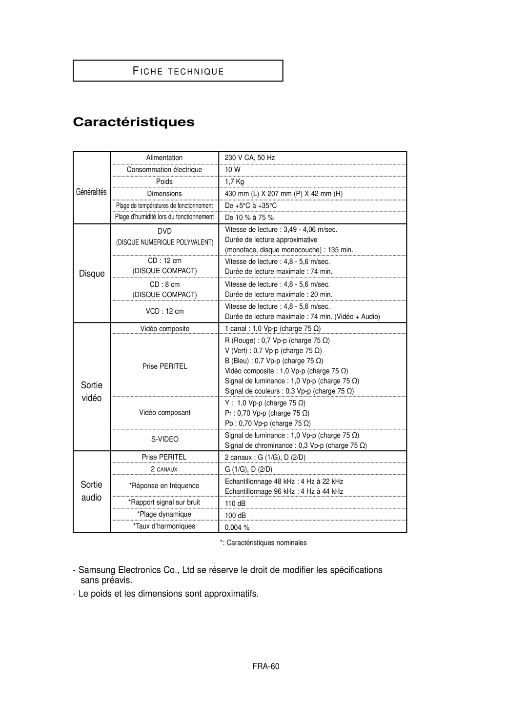 Samsung DVD-P355 manual Caracté ristiques, Audio, Le poids et les dimensions sont approximatifs, FRA-60 