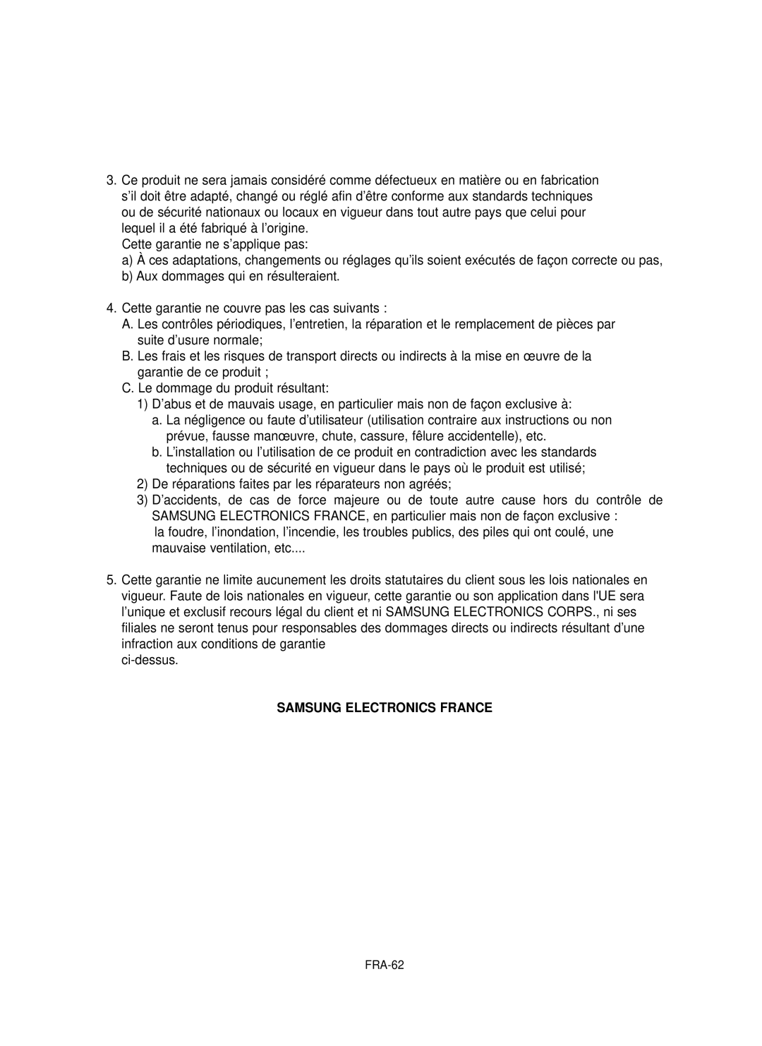 Samsung DVD-P355 manual De réparations faites par les réparateurs non agréés, Ci-dessus, FRA-62 