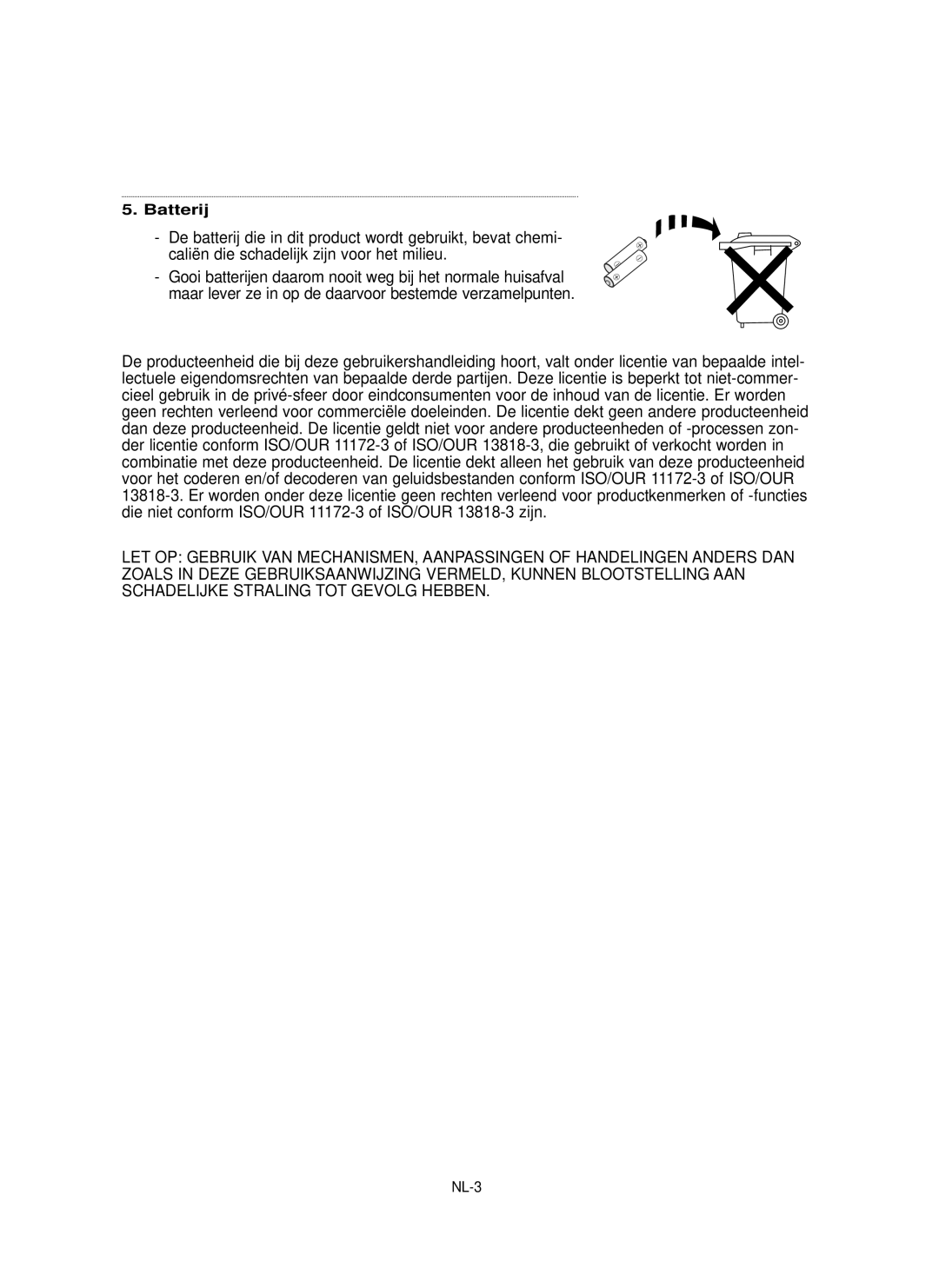 Samsung DVD-P355 manual Die niet conform ISO/OUR 11172-3 of ISO/OUR 13818-3 zijn, Batterij, NL-3 