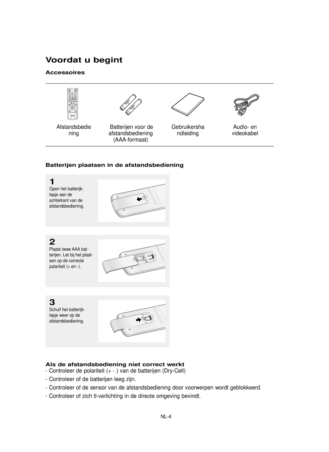 Samsung DVD-P355 manual Voordat u begint, Afstandsbedie Batterijen voor de Gebruikersha, Ning Afstandsbediening Ndleiding 