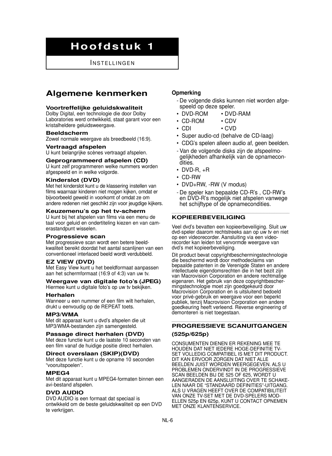 Samsung DVD-P355 manual Algemene kenmerken, Opmerking, DVD+RW, -RW V modus, Het schijftype of de opnamecondities 