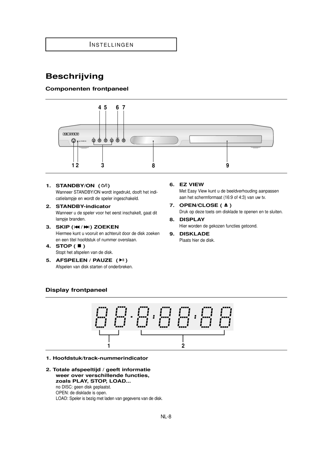 Samsung DVD-P355 manual Beschrijving, Componenten frontpaneel, Display frontpaneel, NL-8 