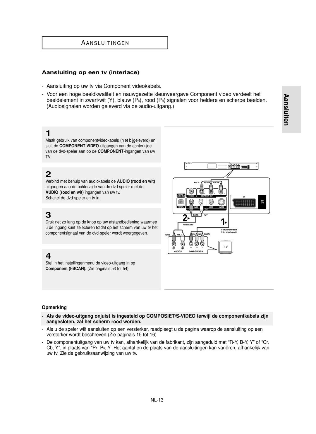 Samsung DVD-P355 manual Blauw P, Aansluiting op een tv interlace, Rood P, NL-13 