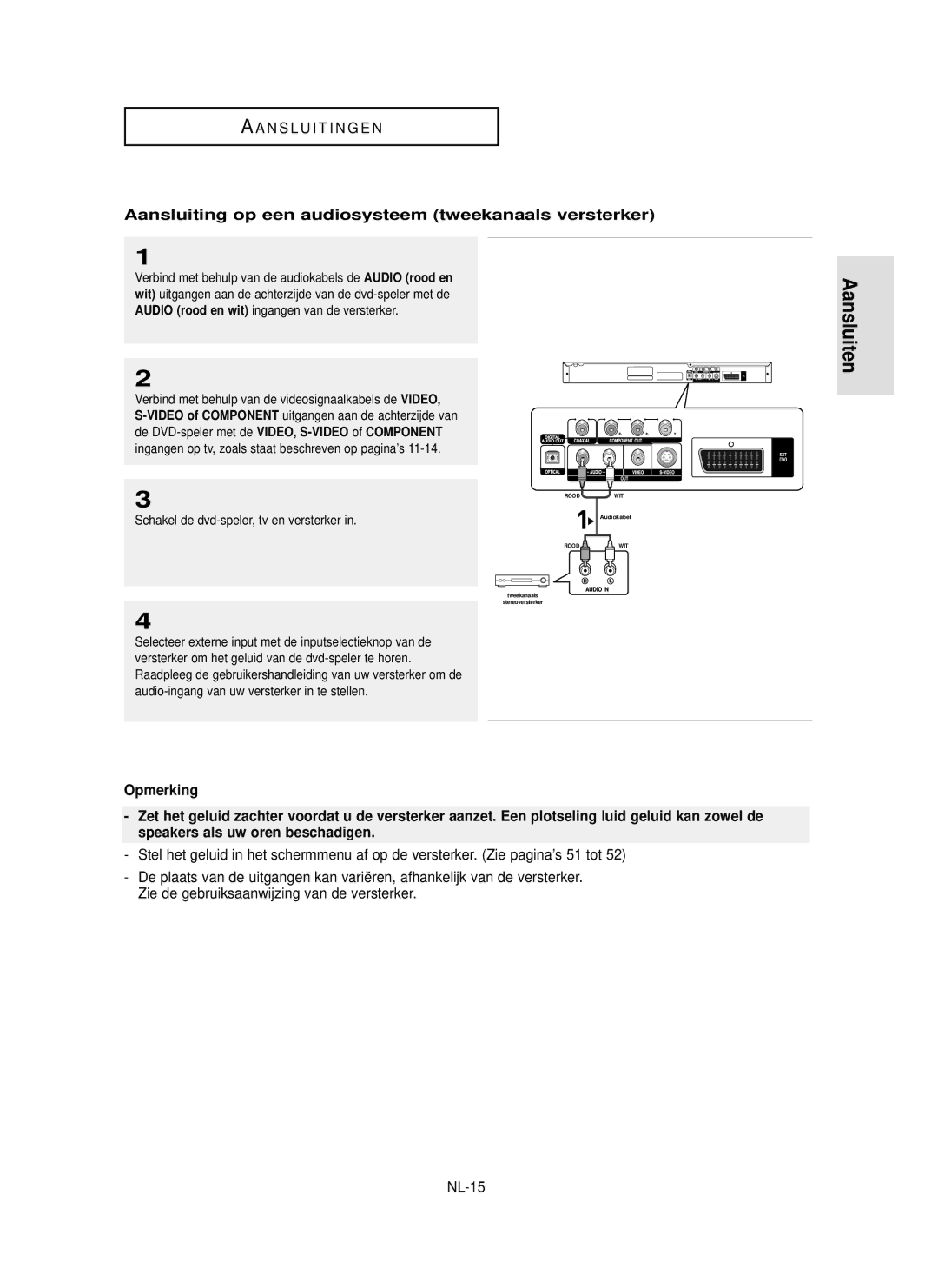 Samsung DVD-P355 Aansluiting op een audiosysteem tweekanaals versterker, NL-15, Schakel de dvd-speler, tv en versterker 