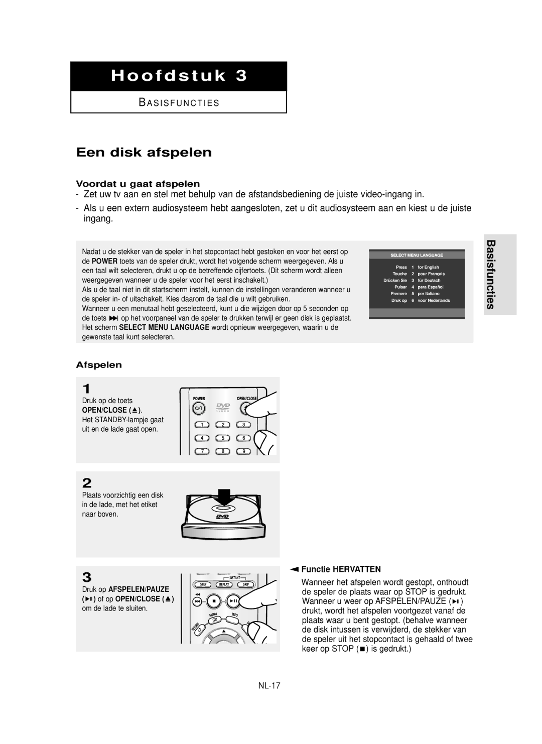 Samsung DVD-P355 manual Een disk afspelen, Basisfuncties, Voordat u gaat afspelen, Afspelen, Functie Hervatten 