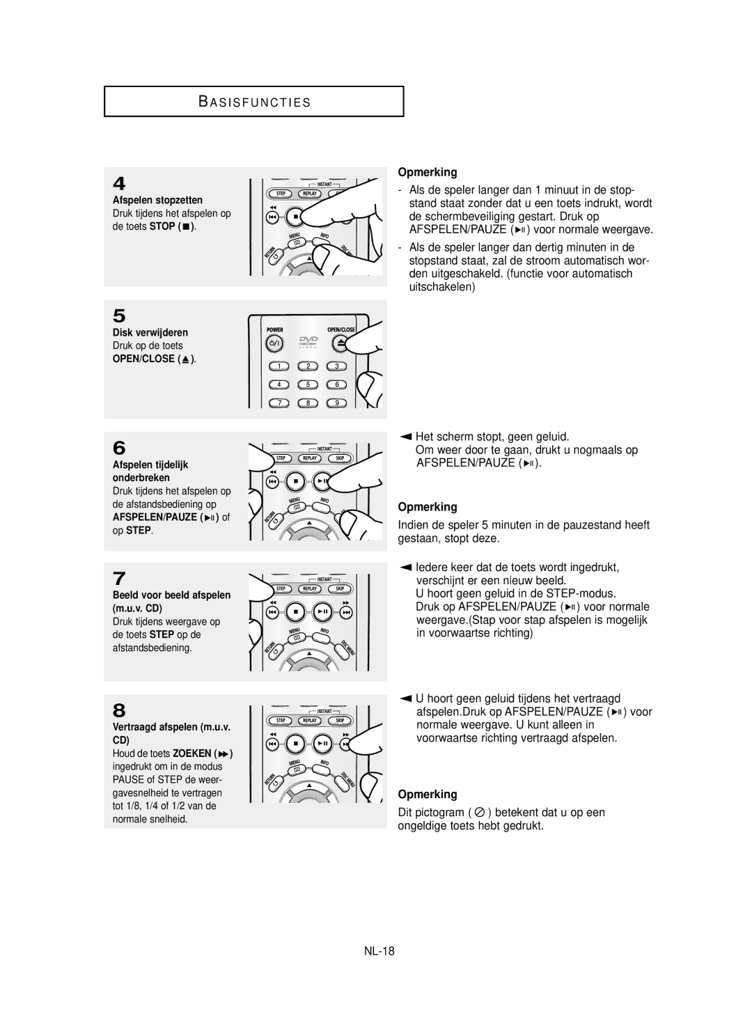 Samsung DVD-P355 manual Ongeldige toets hebt gedrukt NL-18, Afspelen stopzetten, Disk verwijderen, Vertraagd afspelen m.u.v 