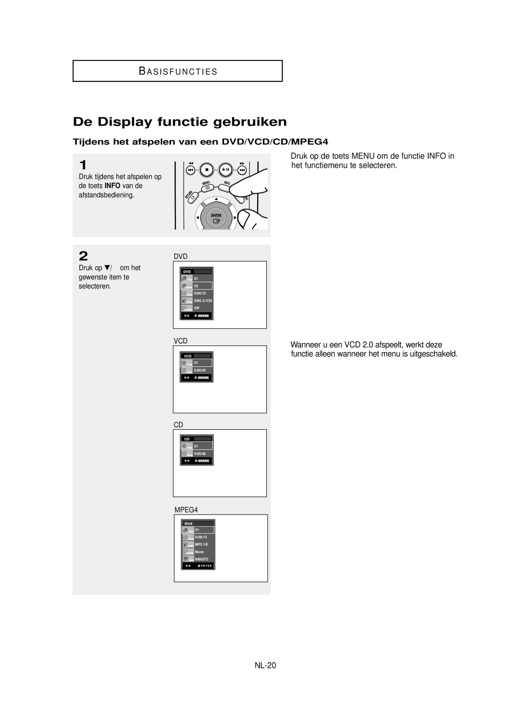 Samsung DVD-P355 manual De Display functie gebruiken, Tijdens het afspelen van een DVD/VCD/CD/MPEG4, NL-20 