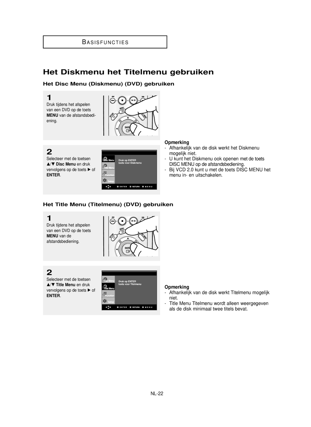 Samsung DVD-P355 manual Het Diskmenu het Titelmenu gebruiken, Het Disc Menu Diskmenu DVD gebruiken 