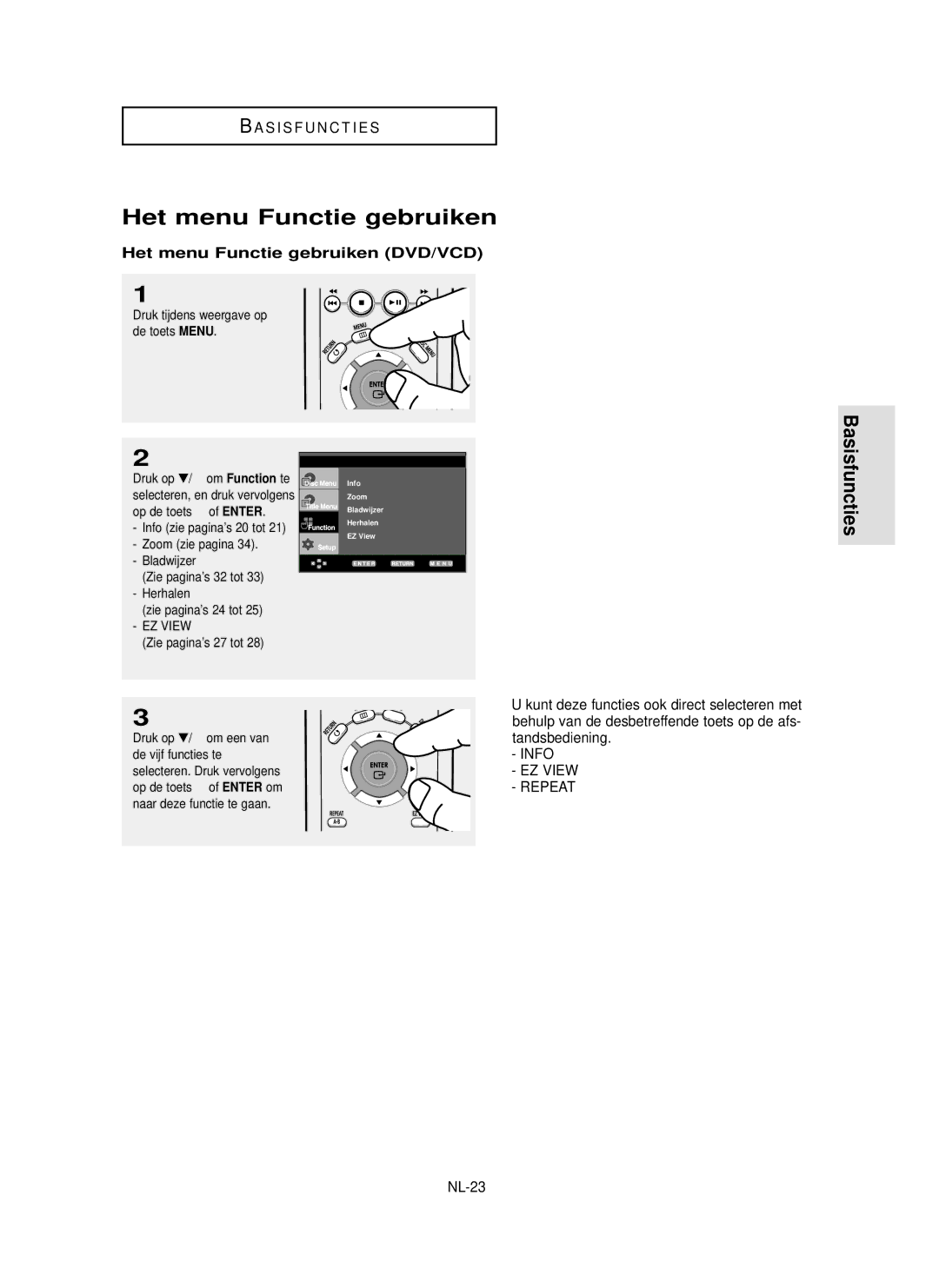 Samsung DVD-P355 manual Het menu Functie gebruiken DVD/VCD, Tandsbediening, NL-23, √ of Enter om 