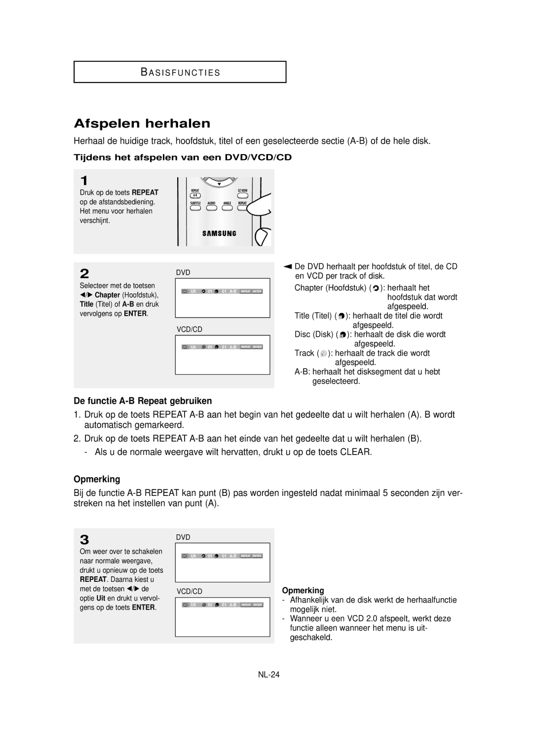 Samsung DVD-P355 manual Afspelen herhalen, De functie A-B Repeat gebruiken, Tijdens het afspelen van een DVD/VCD/CD 