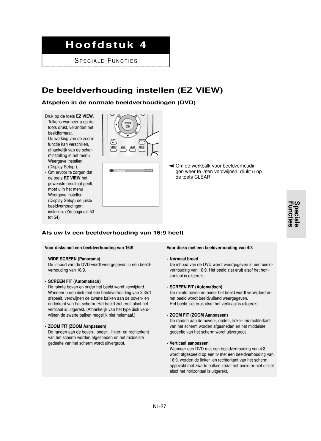 Samsung DVD-P355 De beeldverhouding instellen EZ View, Speciale Functies, Afspelen in de normale beeldverhoudingen DVD 