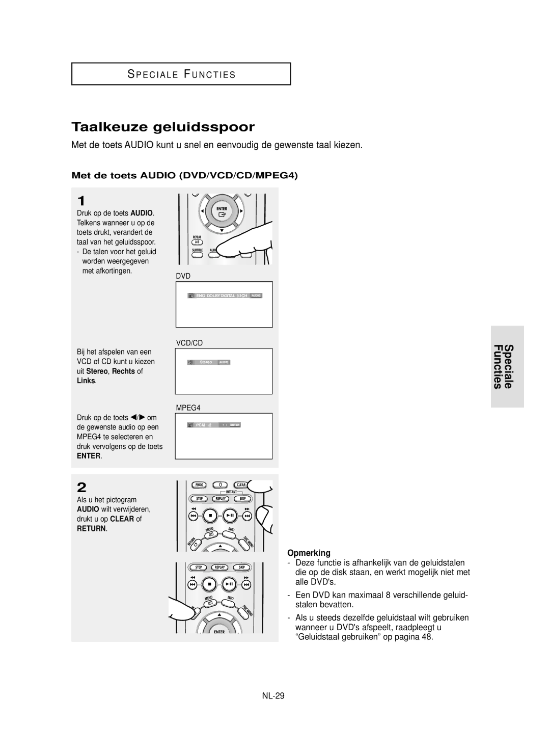 Samsung DVD-P355 manual Taalkeuze geluidsspoor, Met de toets Audio DVD/VCD/CD/MPEG4, NL-29, Uit Stereo,Rechts of Links 